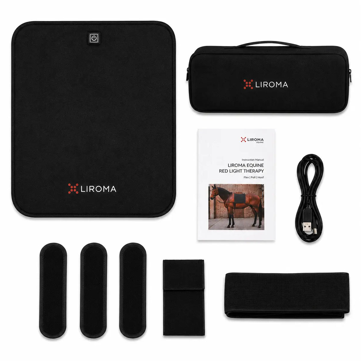 Complete set van de Liroma Flex: pad, opbergcase, straps, USB-kabel en handleiding