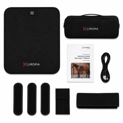 Complete set van de Liroma Flex: pad, opbergcase, straps, USB-kabel en handleiding