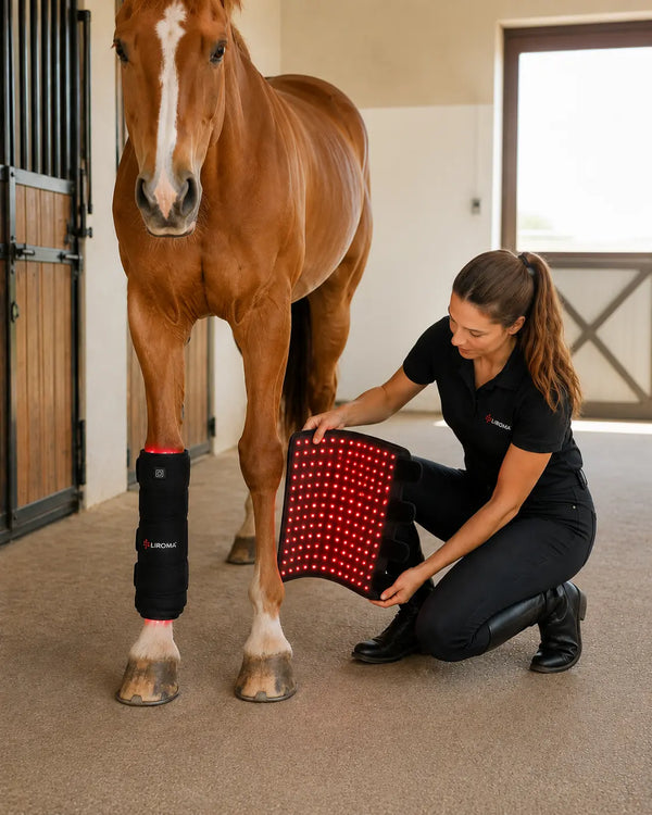 Medewerkster houdt de oplichtende Liroma Flex bij het been van een paard in de stal