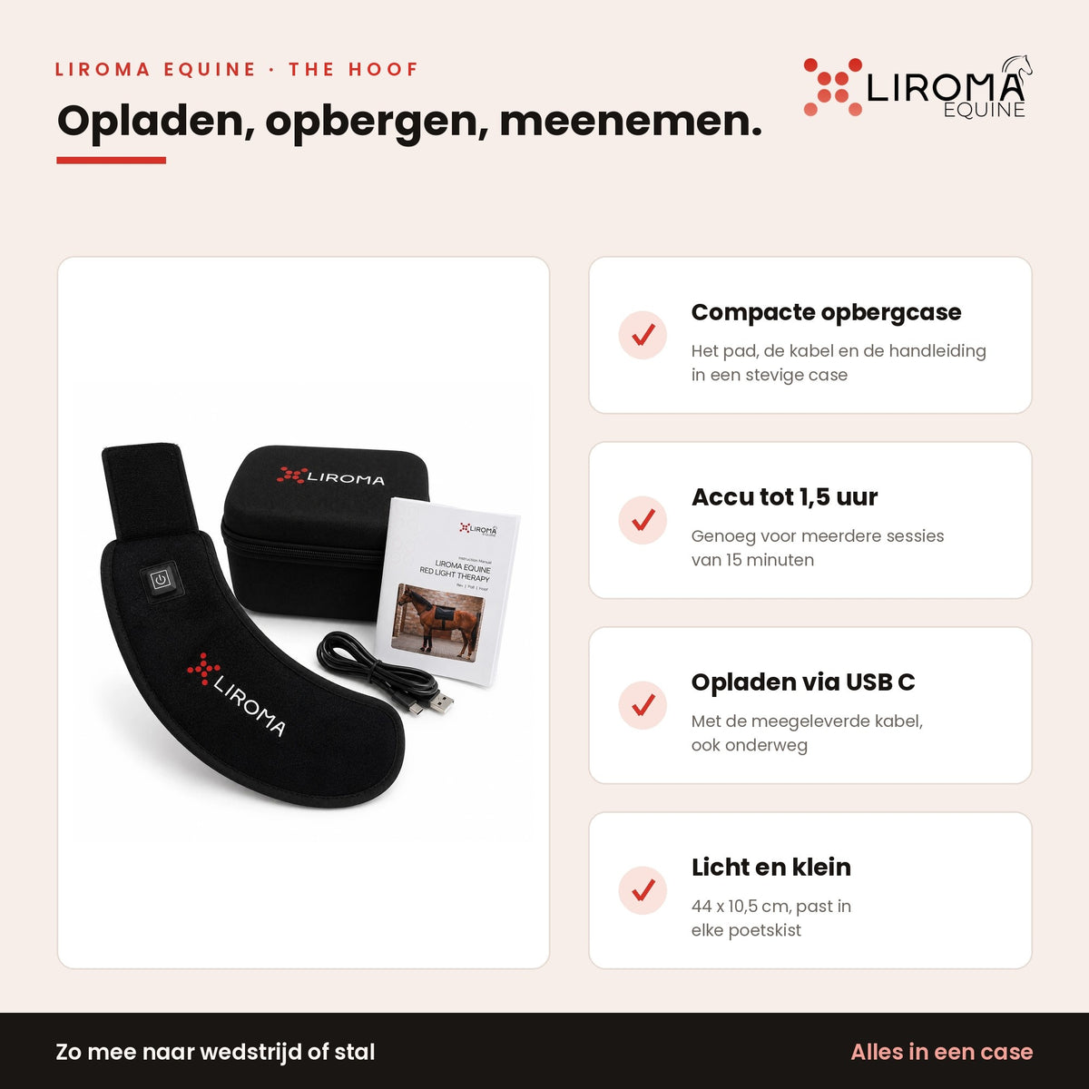 Plaat over opladen, opbergen en meenemen van The Hoof in de opbergcase