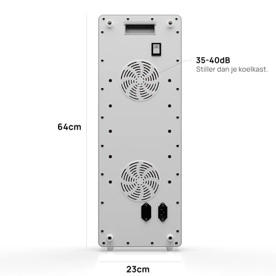Achterkant van de Liroma Advanced Gen5 met twee ventilatoren, aan-uitschakelaar en de afmetingen 64 bij 23 cm