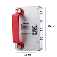 Achterkant van de Liroma Portable Prime met typeplaatje en de afmetingen 15 bij 9,5 cm