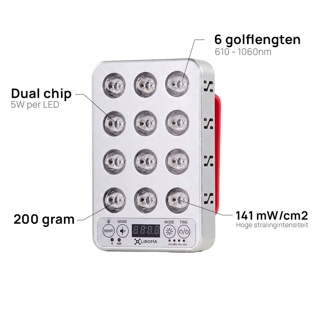 Kenmerken van de Liroma Portable Prime: dual chip leds van 5W, 6 golflengten van 610 tot 1060 nm, 141 mW/cm² en een gewicht van 200 gram
