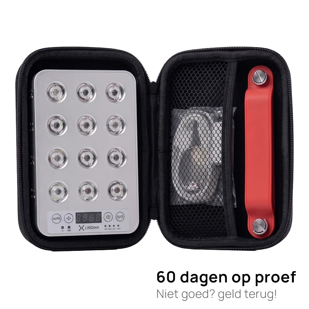 Geopend opbergetui met de Liroma Portable Prime, kabel en standaard, plus 60 dagen op proef