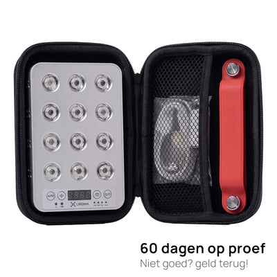 Geopend opbergetui met de Liroma Portable Prime, kabel en standaard, plus 60 dagen op proef